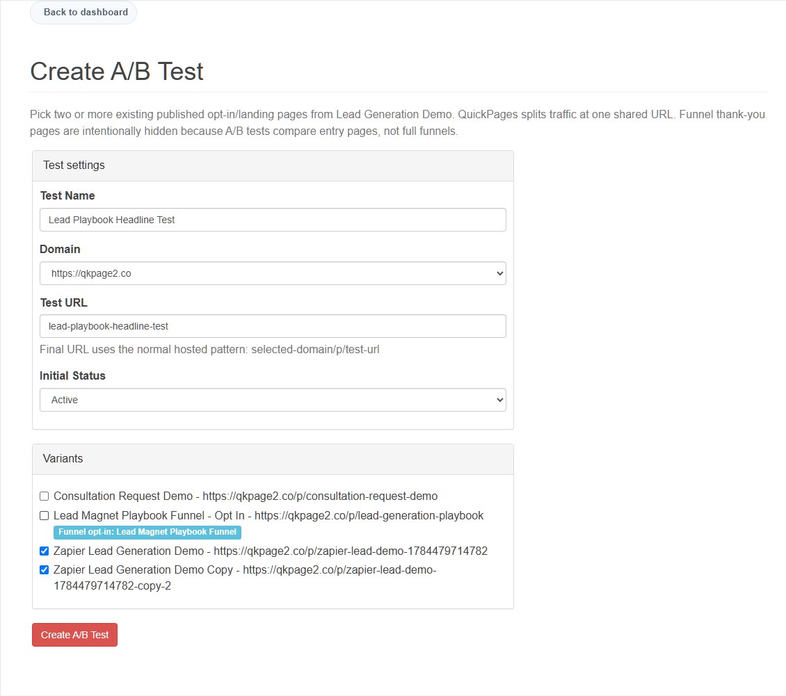 Creating an A/B test from two published QuickPages variants