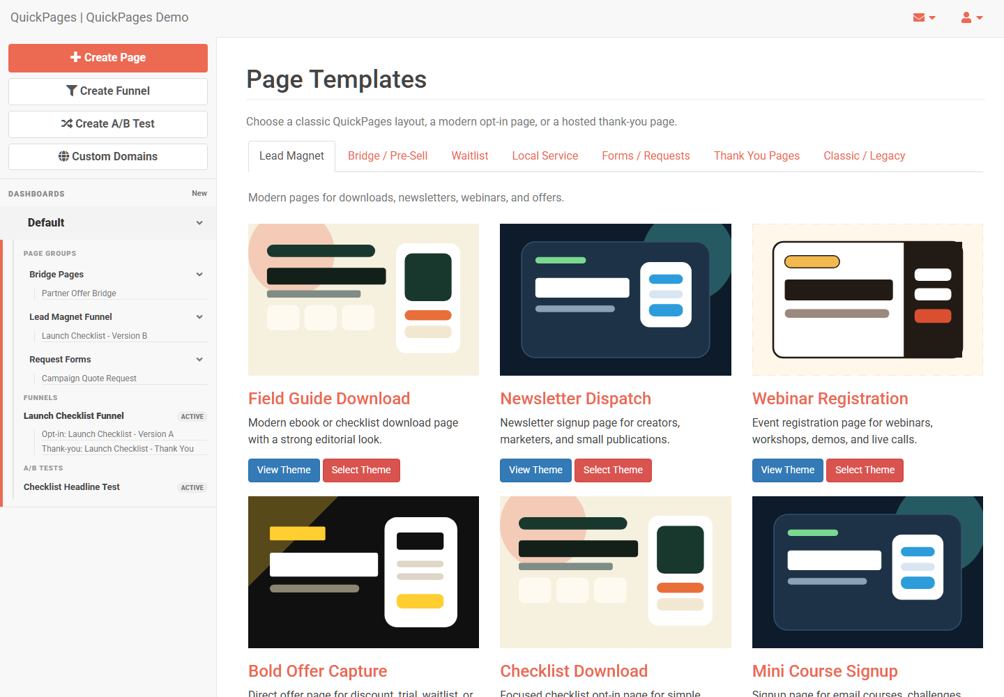 Modern QuickPages templates organized into six campaign categories