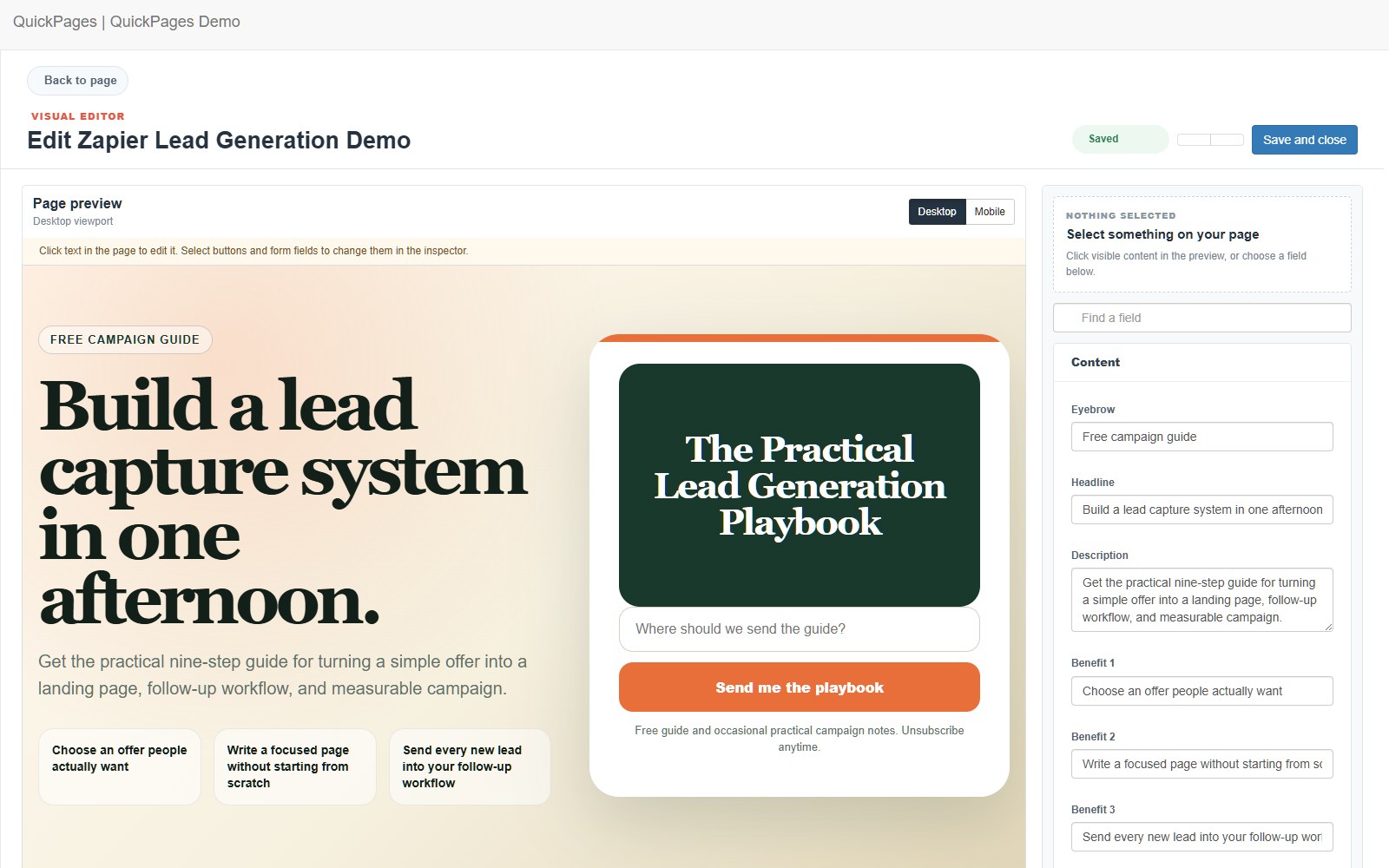 QuickPages visual editor customizing a lead generation page
