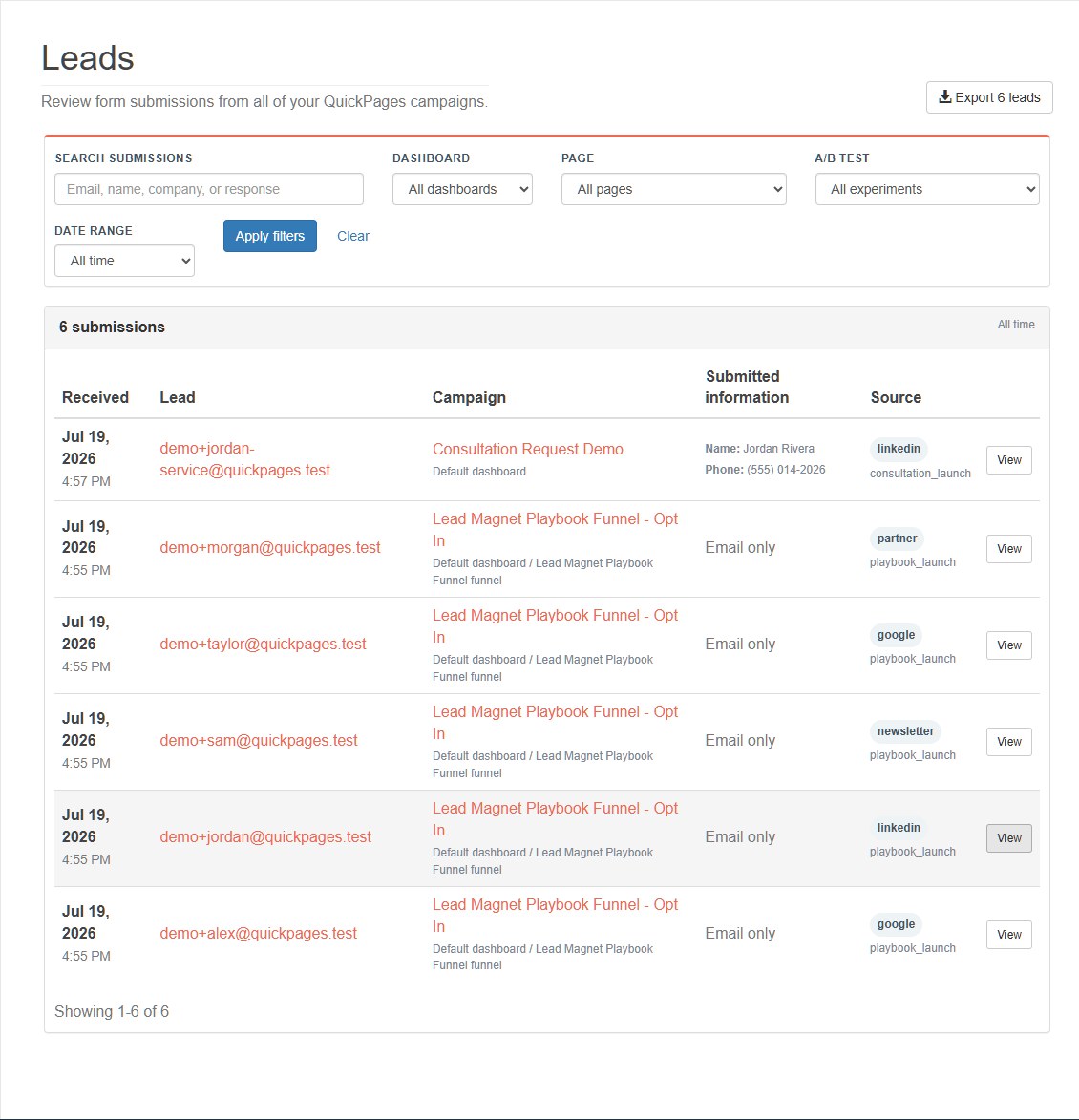 QuickPages lead inbox showing LinkedIn, Google, newsletter, and partner lead sources