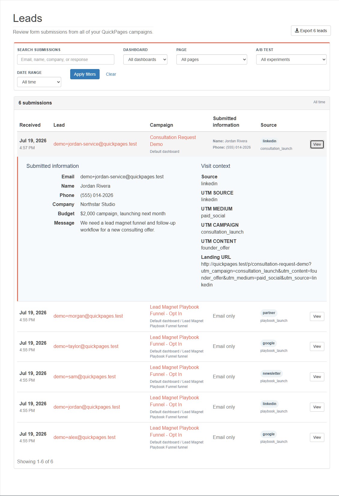 Detailed QuickPages lead attribution with UTM parameters and landing URL